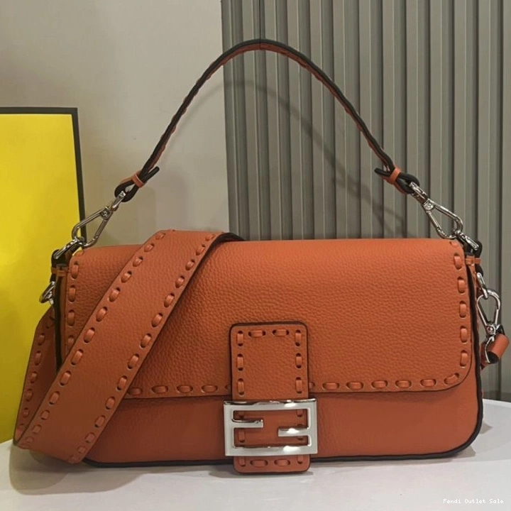 Cheap Medium Romano Fendi Bag Leather In Orange Baguette Cuoio Selleria 0819